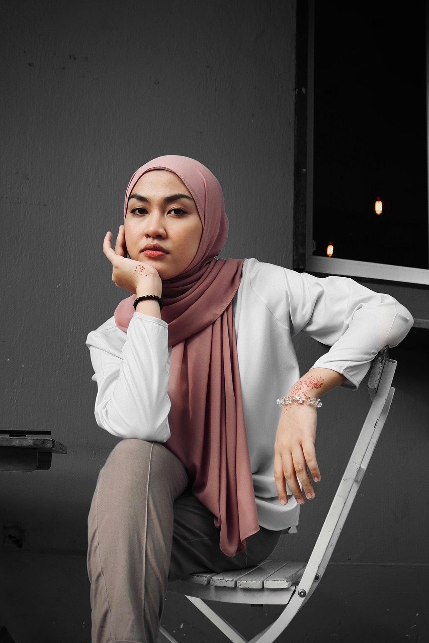 woman, model, portrait, chair, fashion, hijab, muslim, sitting, pose, malaysian, hijab, hijab, hijab, hijab, hijab, muslim, muslim, malaysian